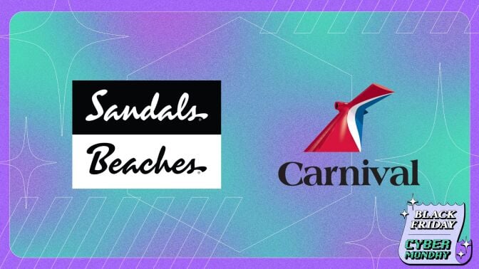 The Sandals Beaches and Carnival logos appear on a multicolored background with the Mashable Black Friday logo. 