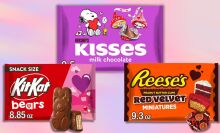 from left to right: kit kat chocolate bears, hershey kisses, and reese's red velvet peanut butter cups against a pink and purple background