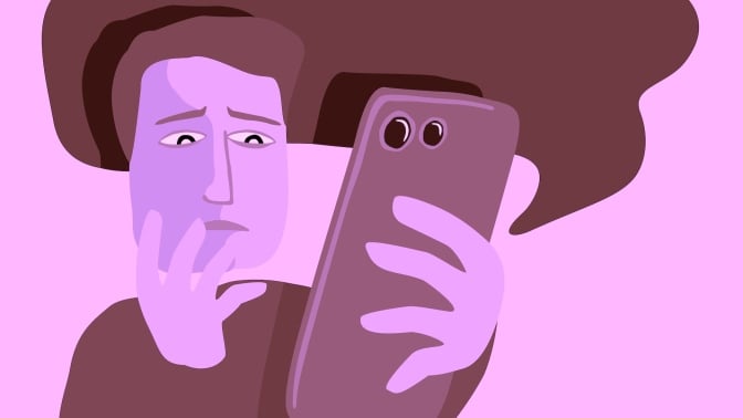 A worried man looking at his smartphone, in cartoon form.