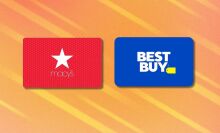 a red macy's gift card and a blue best buy gift card on an orange background