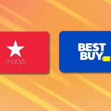 a red macy's gift card and a blue best buy gift card on an orange background