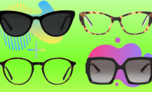 two pairs of sunglasses and two pairs of eyeglasses against a green background