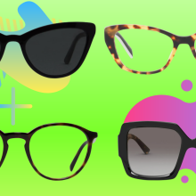 two pairs of sunglasses and two pairs of eyeglasses against a green background