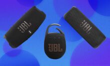 A JBL Flip, JBL Clip, and JBL Charge appear on a bubbly blue abstract background.