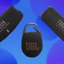 A JBL Flip, JBL Clip, and JBL Charge appear on a bubbly blue abstract background.