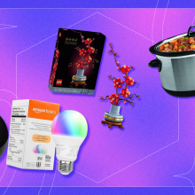 Amazon Echo Dot and smart Bulb, Lego flower, and Crock-Pot with purple and pink background