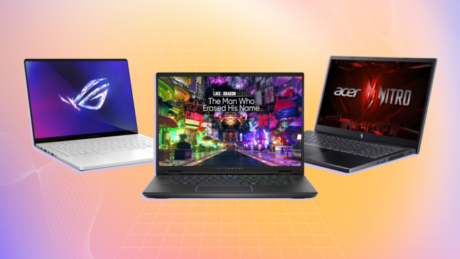 three gaming laptops against a pastel gradient background