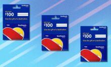 three $100 southwest airlines gift cards on a blue background