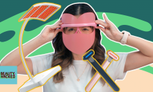 Composite with woman wearing pink plastic face mask with holes showing eye, surrounded by a LED light panel and small facial wands.