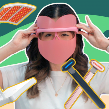 Composite with woman wearing pink plastic face mask with holes showing eye, surrounded by a LED light panel and small facial wands.