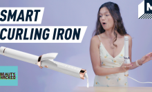 A composite image of Beauty, Hacked host Jennimai trying a smart curling iron. 