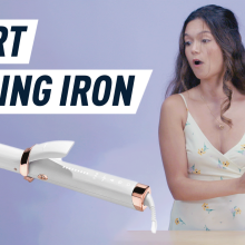 A composite image of Beauty, Hacked host Jennimai trying a smart curling iron. 