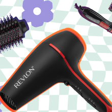 Three Revlon hair appliances on sale, overlaid on a printed background with purple flowers on it. 