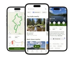 Three iPhone screens depicting several pages of the AllTrails app, like a hiking map and hike guide