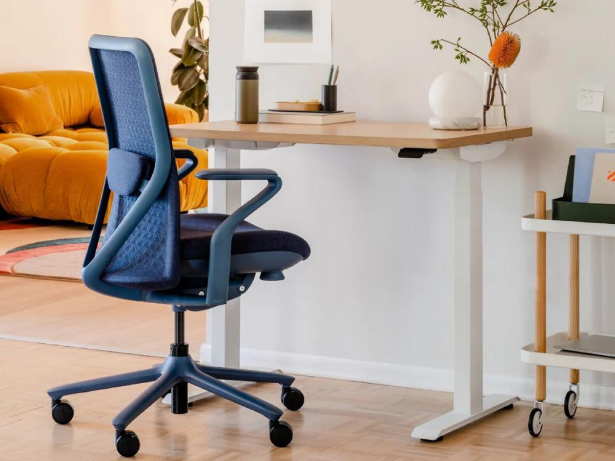 navy blue desk chair at a desk