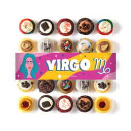 case of cupcakes with virgo banner on them