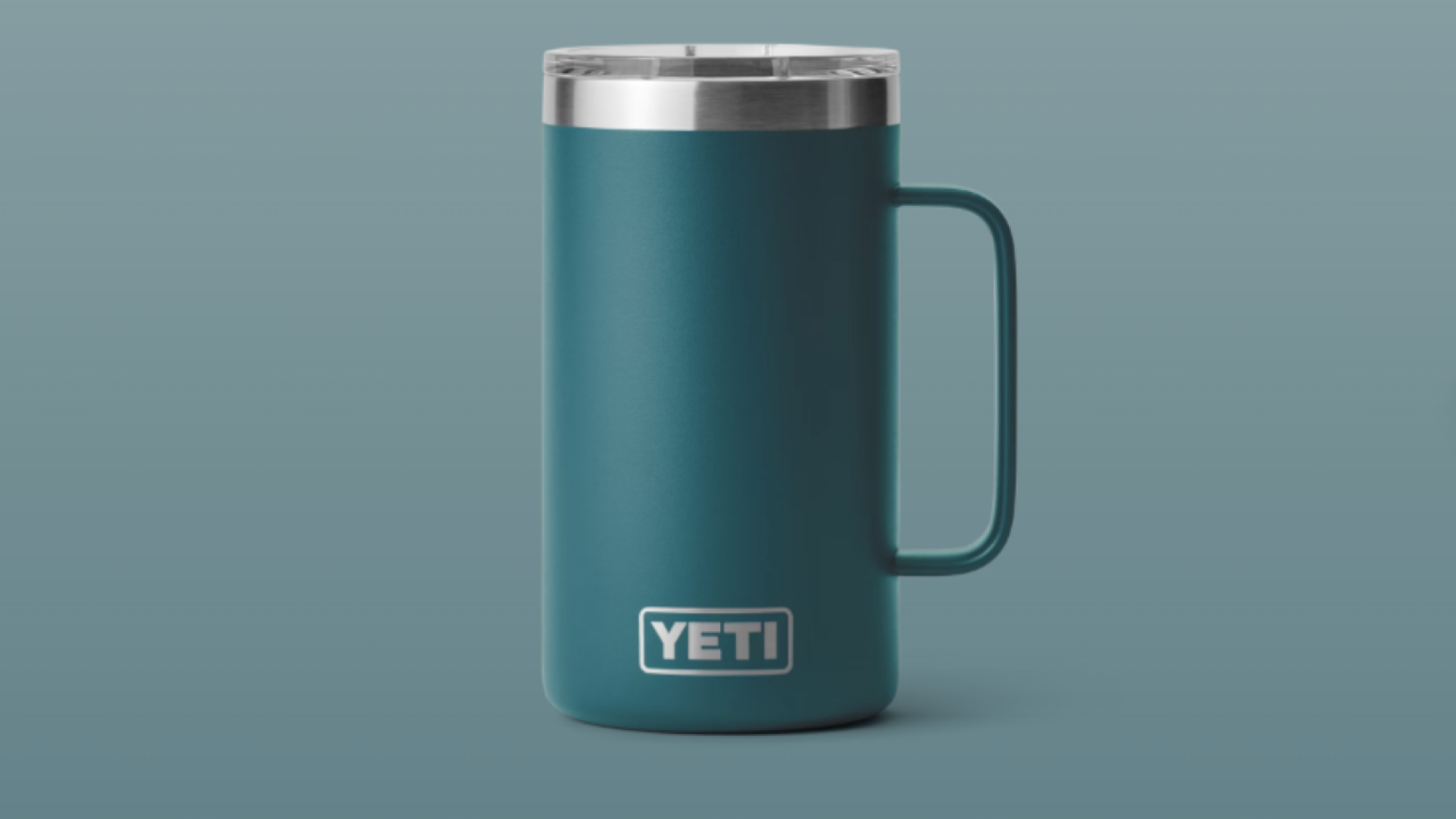 forest green yeti mug against green background