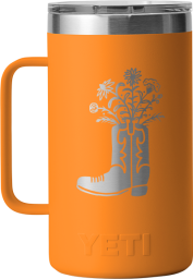 orange insulated mug with cowboy boot design