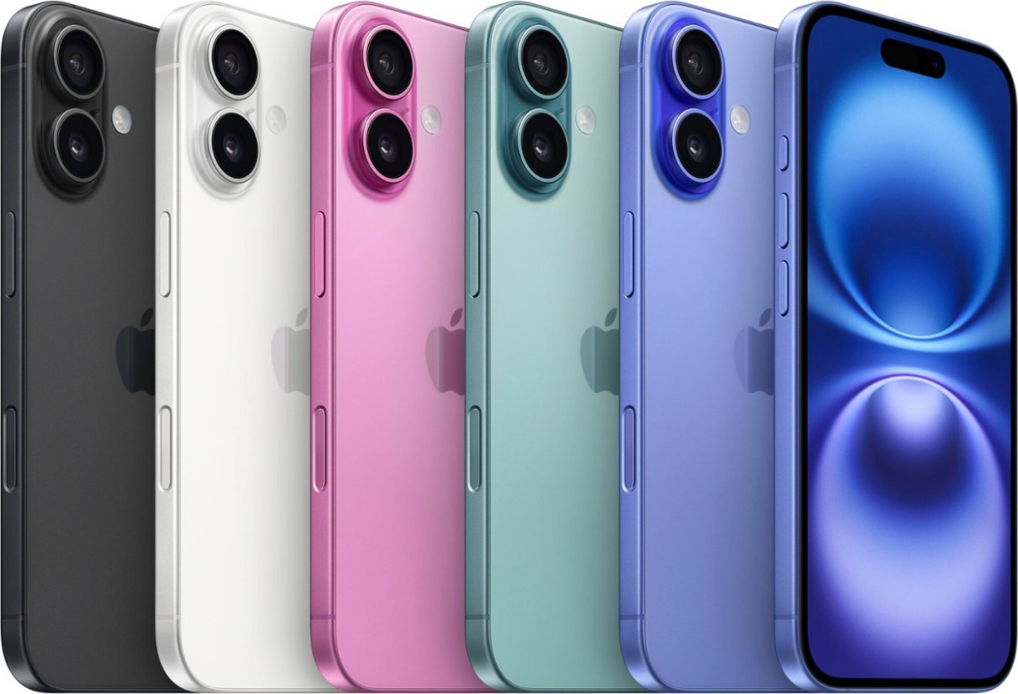 row of iphone 16 smartphones in various colors