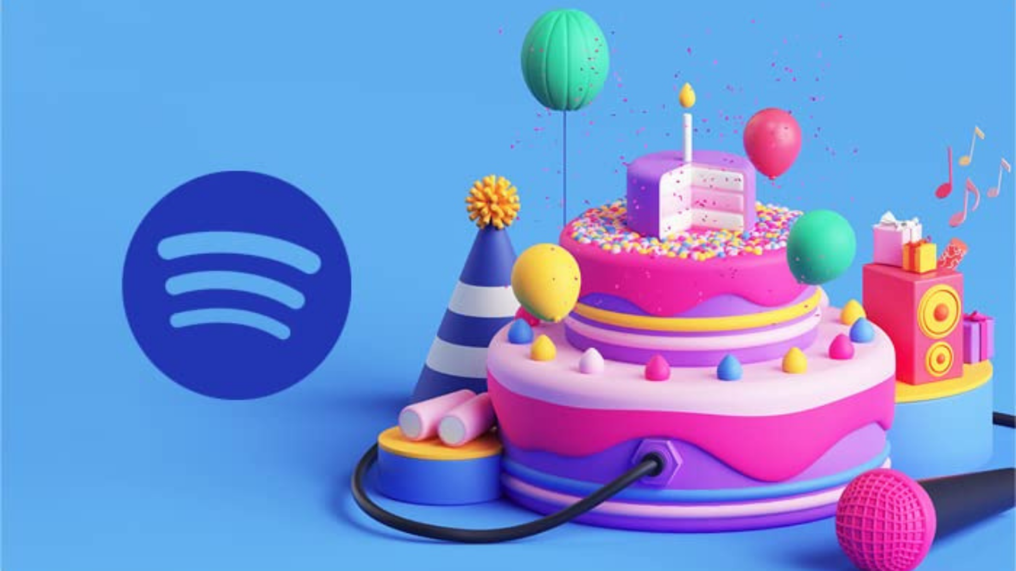 spotify logo next to birthday cake, birthday hat, and balloons