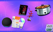 Amazon Echo Dot and smart Bulb, Lego flower, and Crock-Pot with purple and pink background