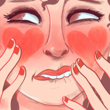 Illustration of woman with rosy cheeks in heart shapes. 