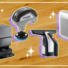 A composite of cleaning gadgets surrounded by sparkles.