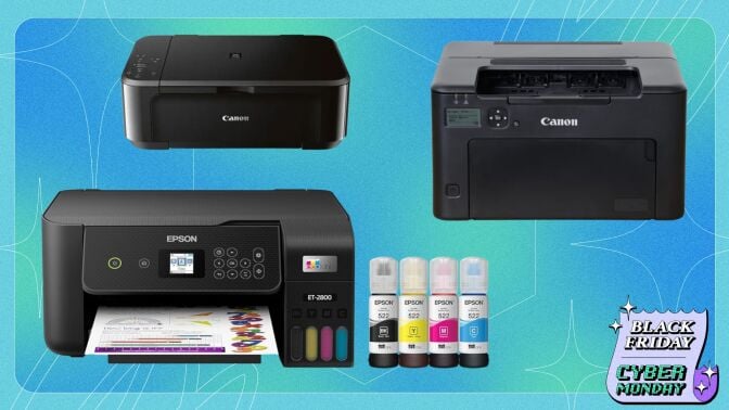 Two Cannon printers and one Epson printer appear on a sparkly background with the Mashable Black Friday / Cyber Monday logo.