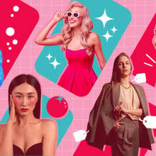 A collage of various people displaying TikTok aesthetics, with a pink background and beauty products on the side.