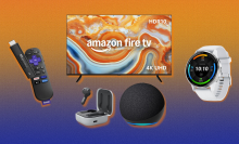 Amazon Echo Dot and Echo Buds, Fire TV, Roku streaming stick, and Garmin Venu 3 with purple and orange background