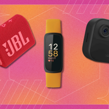 A red JBL portable speaker, a yellow Fitbit fitness tracker, and a black Blink security camera against a colorful background with "Black Friday Cyber Monday" text.