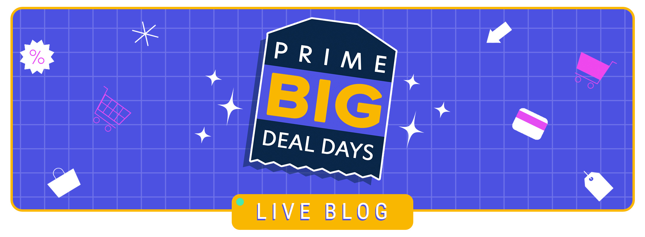 prime big deal days logo surrounded by shopping carts, credit cards, and more shopping symbols