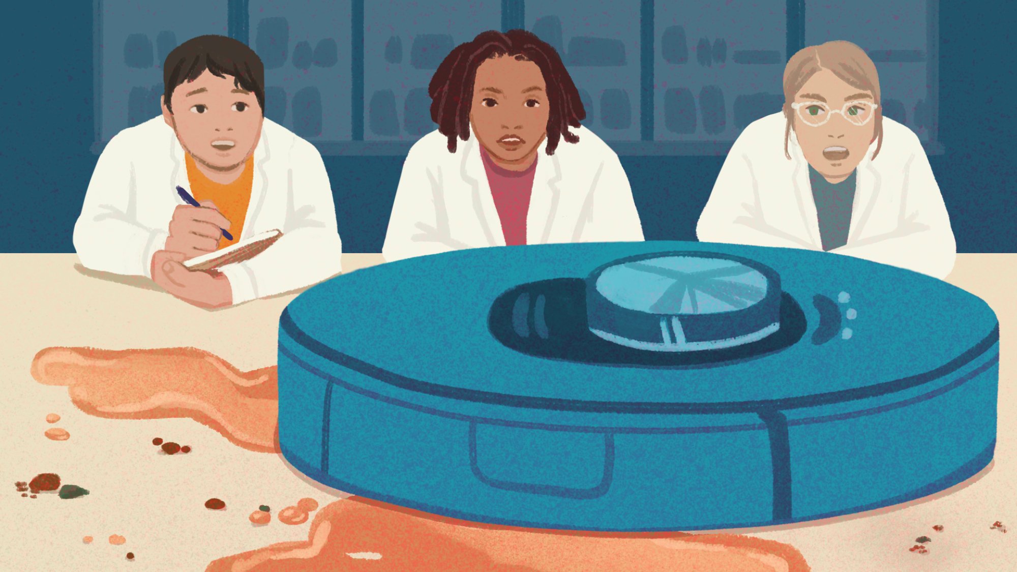 Three people in lab coats analyzing a robot vacuum.