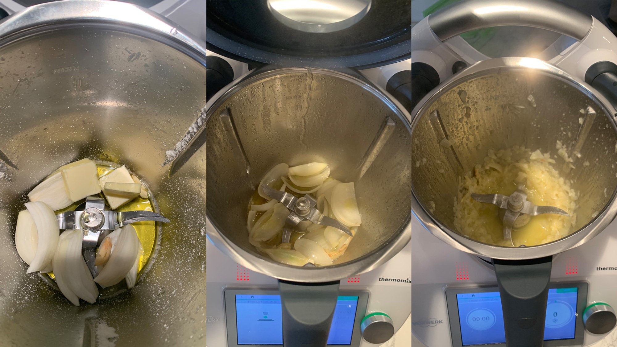 three photos showing full chunks of garlic and onions, the mixture blending, and the mixture fully blended