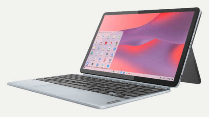 the Lenovo Chromebook Duet 3 against a gray background