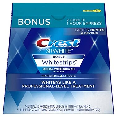 Crest 3D Whitestrips, Professional Effects on a white background.