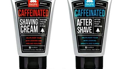 A caffeinated shaving set on a white background.