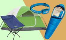 Collage with a tent, sleeping bag, camp chair, and headlamp