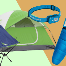 Collage with a tent, sleeping bag, camp chair, and headlamp