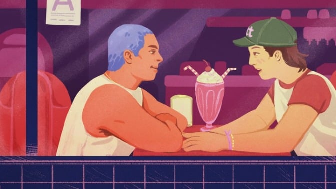 illustration of two men on a date with a milkshake between them