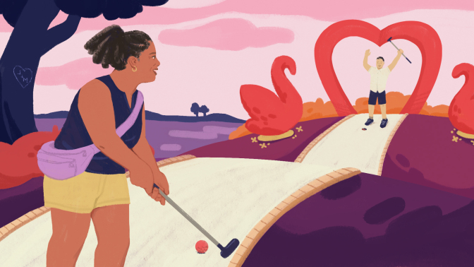 illustration of middle-aged singles on a date playing mini golf