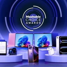 tech products on pedestals with Mashable Choice Award banner