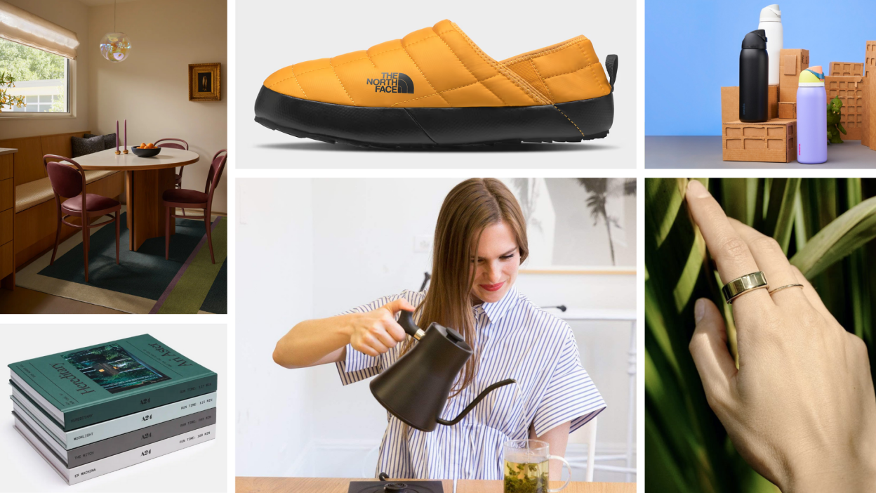 A Ruggable rug under a table, The North Face slipper, Owala water bottles, A24 screenplay books, a person pouring a Fellow Stagg kettle, and a hand wearing an Oura ring.