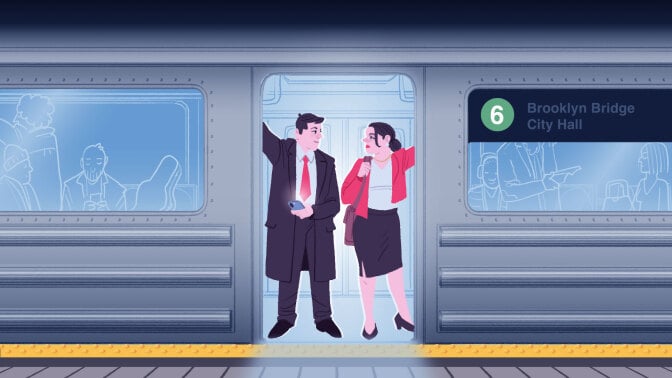 illustration of two people standing in the open doors of a subway train