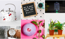 tea kettle, bath bomb, plants, felt board, wrist watch, and essential oil diffuser in grid style layout