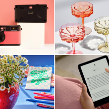 collage featuring camp snap camera, kindle paperwhite, strawberry vase, and pastel coupe glasses