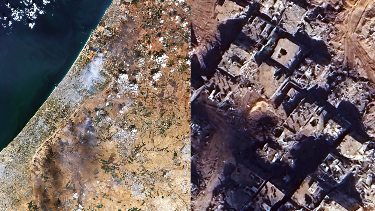 A split screen shows a two satellite images of Gaza - one from afar, where you can see the Strip's border with Israel (left), and one on the right, zoomed in on an area full of destroyed buildings (right)