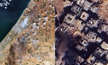 A split screen shows a two satellite images of Gaza - one from afar, where you can see the Strip's border with Israel (left), and one on the right, zoomed in on an area full of destroyed buildings (right)