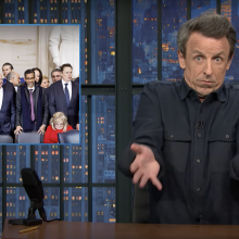 Seth Meyers with his arms outstretched and an exasperated expression on his face. 