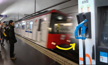 Split image shows a platform in Barcelona's Metro as a train arrives (left) , and an EV charging station (right)